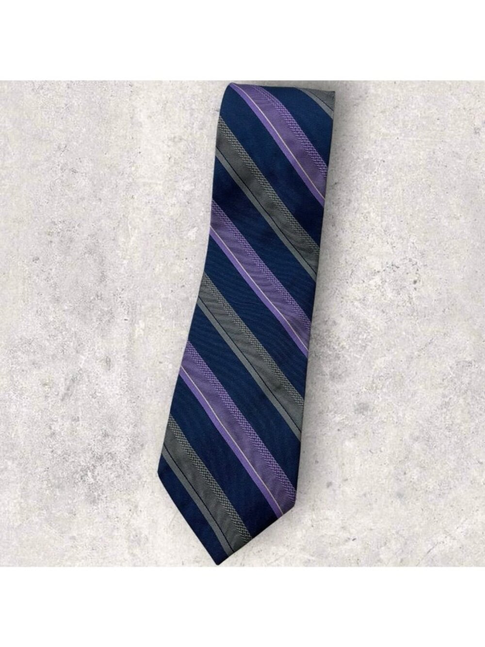 VALENTINO Silk Tie ITALY XL Navy Purple Gray Striped W:3.5" EUC